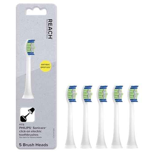 REACH SmileSonic Pro Essential Clean Replacement Toothbrush Brush Heads, Compatible with Philips Sonicare Click-On Power Toothbrushes, Replace-Me Bristles, 5 Count