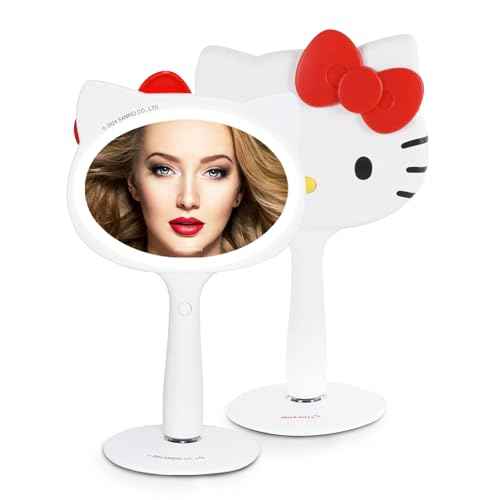 Impressions Vanity Hello Kitty LED Handheld Makeup Mirror with Magnetic Ball Standing Base, Velvety Soft Touch Finish, Ultra Bright Adjustable Brightness, Portable Lighted Mirrors for Travel and Home