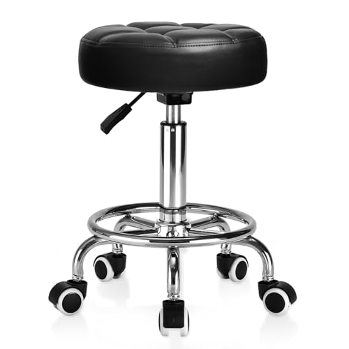 Rolling Stool with Wheels - PU Leather, 300lb Capacity