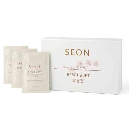SEON Reset & Jet Korean Skincare Facial Wipes. Rice Water Infused Cleansing Cloths, Individually Wrapped, Travel Friendly (50 Count, Premium Magnetic Box.