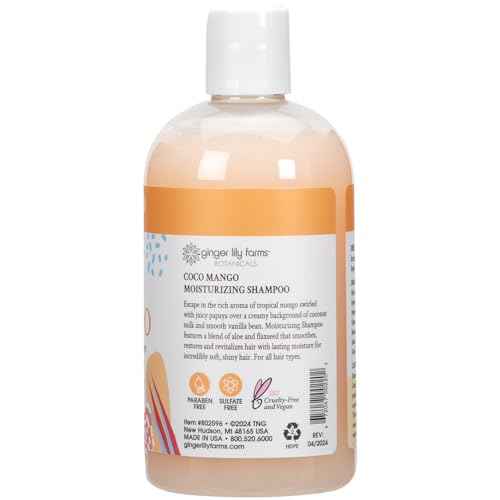 Ginger Lily Farms Botanicals Moisturizing Shampoo for All Hair Types, Coco Mango, 100% Vegan & Cruelty-Free, Coconut Mango Scent, 12 Fl Oz