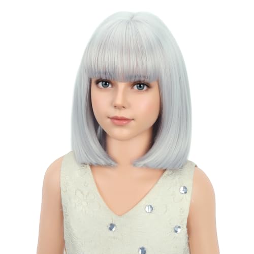 PATTNIUM Grey Bob Wig for Kids - Short Synthetic Wig with Bangs