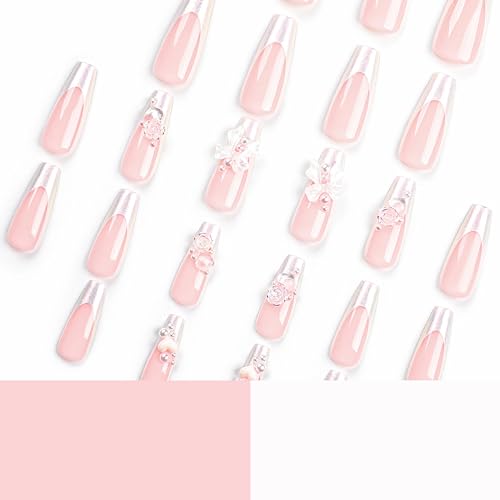 BABALAL Square Press on Nails Long Fake Nails Black Glue on Nails Sliver Glitter French Tip Acrylic Nails Squoval Stick on False Nails 24Pcs Manicure Shiny Nails for Women and Girls