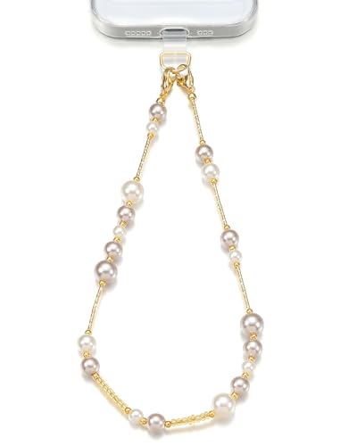 White Pearl Phone Charm Wrist Strap with Gold Beaded Lanyard