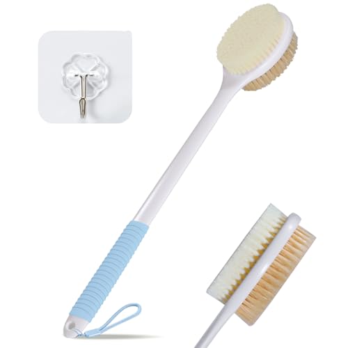 VANZAVANZU 17 Inch Anti-Slip Long Handle Back Scrubber for Shower ? Dual-Sided Shower Brush and Shower Back Scrubber with Soft and Stiff Bristles for Wet or Dry Brushing (Blue)