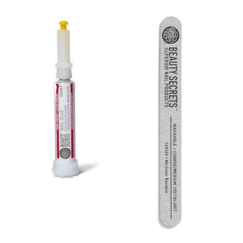 Beauty Secrets Drip & Clog Proof Nail Glue (1 Pack) Bundled with Zebra Cushion Nail File Medium Coarse 180/100 Grit by Beauty Secrets