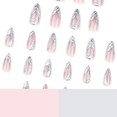 MISUD Press on Nails Medium Almond Fake Nails Glossy Glue on Nails Bling Pink Chrome Acrylic Nails Stiletto Pearl Flash Artificial Nails Cute Bow Stick on False Nails with Design 24 pcs