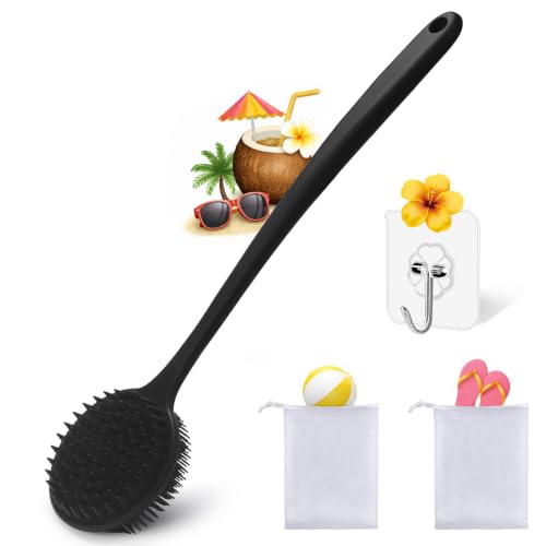 Dual-Sided Silicone Body Scrubber with Long Handle & Lather Balls