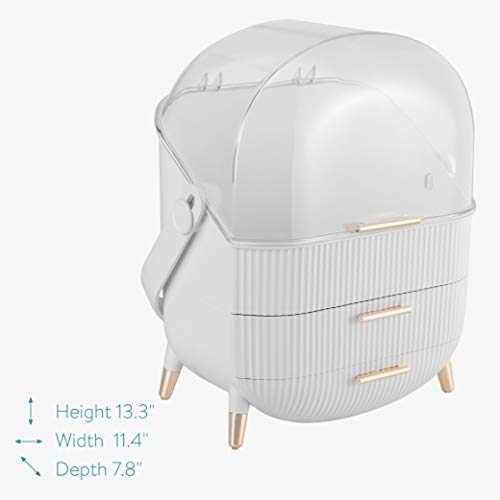 Navaris Makeup Organizer Storage Box - Cosmetics, Skincare and Beauty Case with Clear Lid Display and 2 Drawers - Bathroom Counter or Vanity - White