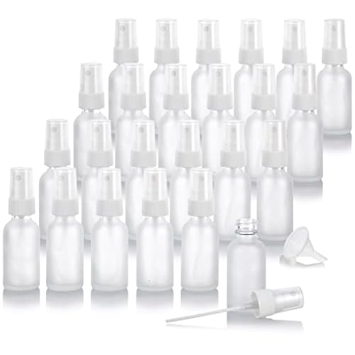 JUVITUS (24 pack) 1 oz Clear Frosted Glass Boston Round Bottle with White Fine Mist Spray + Funnel