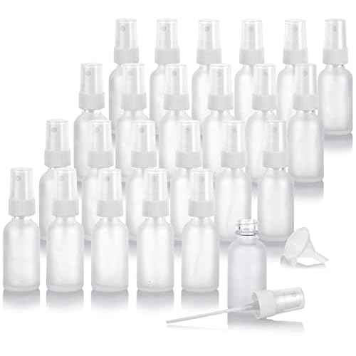 JUVITUS 1 oz Clear Frosted Glass Boston Round Bottle with White Fine Mist Spray (24 pack) + Funnel
