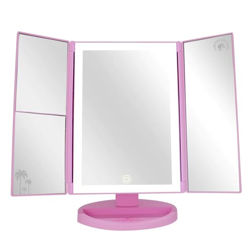 Impressions Vanity Barbie LED Trifold Makeup Mirror with Magnification, 3 Way View Portable Desk Mirrors with Dimmable Tri Tone Lighting, Tilt Adjustable Stand, and Touch Switch