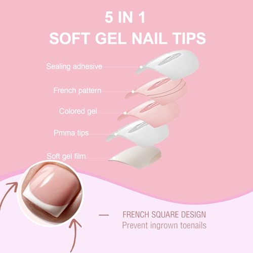 French Square Press On Toe Nails - 150 Pcs Berry Pink Soft Gel Set