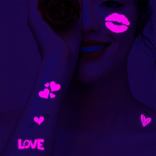 UV Neon Temporary Tattoos 170 Pieces Pink Heart Shaped Shimmer Designs Love Glow In The Dark Tattoos Stickers Flash Fake Waterproof Tattoos for Women Men Body Face Art