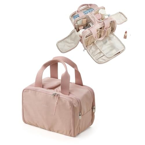 EACHY Travel Makeup Bag with Handle, Large Capacity Makeup Organizer, Waterproof Cosmetic Bag for Women, Wide-Open Design, Portable Toiletry Case for Travel, Accessories, and Essentials (Pink)