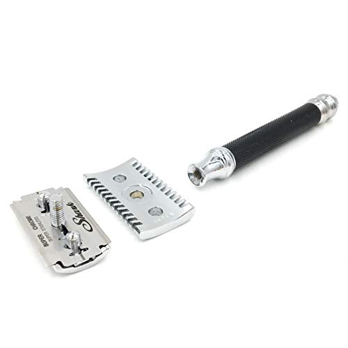 Parker Open Comb Double Edge Safety Razor ? Heavyweight Chrome Handle for Closer Shaves ? Includes 5 Razor Blades ? Ideal for Men with Thick or Coarse Beards (26C - Graphite Gray)
