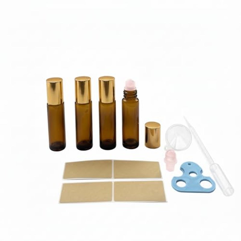 4-Pack Rose Quartz Roller Bottles - 10ml Amber Glass Set for Essential Oils