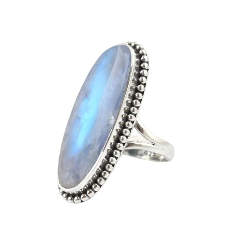 Rainbow Moonstone Gemstone Ring 925 Sterling Silver Handmade Ring For Women Wedding Gift For Her Large Stone Jewelry Bue Flash Moonstone Ring By NKG