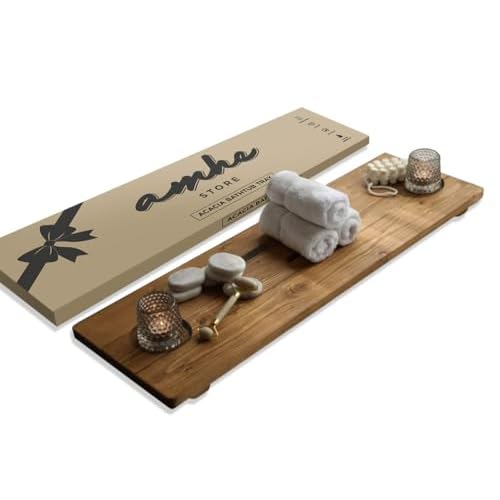 Amhe Store! Luxury Rustic Acacia Wood. Durable, Water-Resistant, Minimalistic, Adjustable 35x9 Inches. Lovely Gift - Box. Bath Tub Tray Wood - Bath Tray for Tub. Unique Natural Grain for Relaxation