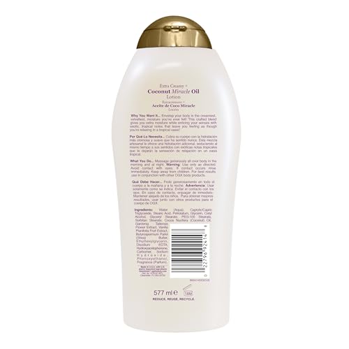 OGX Extra Creamy + Coconut Miracle Oil Ultra Moisture Body Lotion with Vanilla Bean, Fast-Absorbing Lotion for All Skin Types, Paraben-Free and Sulfated-Surfactants Free, 19.5 fl oz