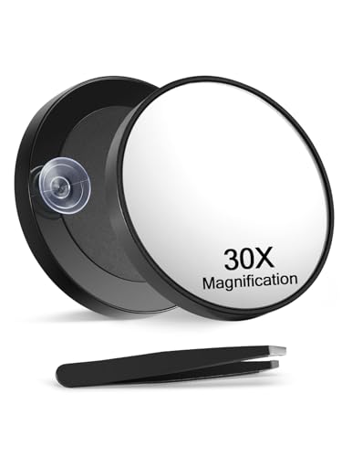 30X Magnifying Makeup Mirror with Suction Cups & Tweezers - Black