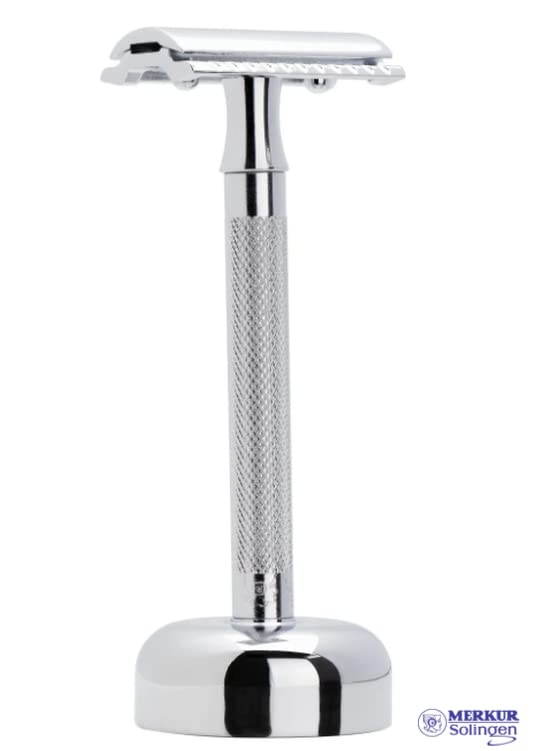 MERKUR 2381 Shaving Set with Stand Glossy Chrome | Three-Piece Razor with Straight Cut | Ideal for Wet Shaving | Die-Cast Zinc | Brass Handle | Made in Germany