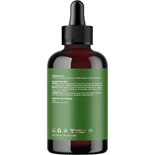 Organic Amla Oil for Hair - 100% Pure Amla Hair Oil for Volume Shine & Hydration - Cold-Pressed Extra Virgin Unrefined Non-GMO & USDA Organic for Nourishing Moisturizing Scalp Care (4 Fl Oz)