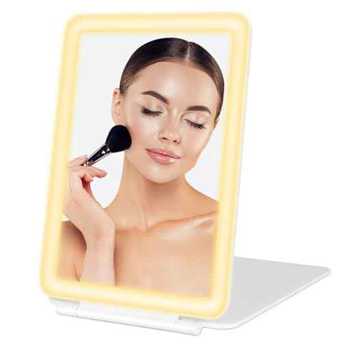 Travel Mirror with Lights Makeup Mirror Touch Screen 3 Colors Light 72 LEDs Rechargeable, 1000mHA 7.9x5.3-Inch Desk Compact Mirror White