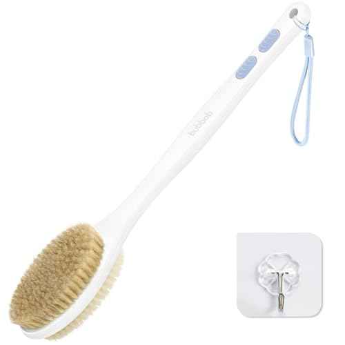 Back Scrubber for Shower with Long Handle, Exfoliating Bath Brush for Body - Double Sided Bristles (Stiff & Soft), Anti-Slip Grip, Lightweight - Gift for Seniors, Includes Lanyard & Hook, Blue