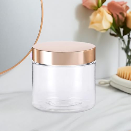 (6 Pack) 8 oz Clear PET Plastic Jar with Luxury Gold Metal Overshell Lid Refillable Storage Airtight