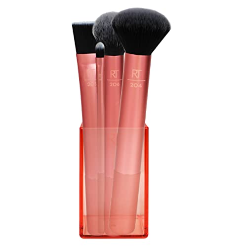 Real Techniques Flawless Base Brush Set With Ultra Plush Custom Cut Synthetic Bristles and Extended Aluminum Ferrules to Build Coverage for Every Makeup Application Need, Orange, 5 Piece