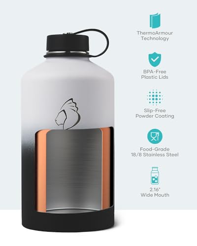 BUZIO 1 Gallon Water Bottle, 128oz Insulated Water Jug Double Walled Vacuum Stainless Steel Travel Flask (Cold for 48 Hrs), Leak Proof BPA-Free Large Canteen with Straw Lid, Black White