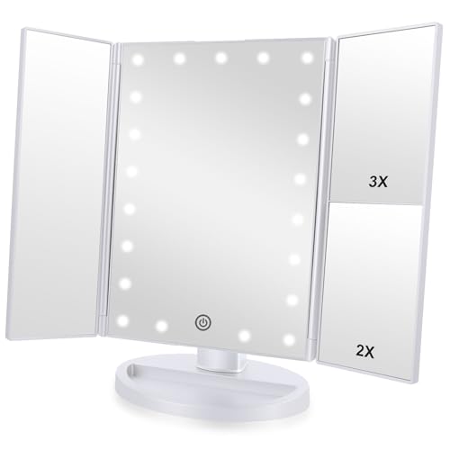 Tri-fold Lighted Vanity Makeup Mirror with 3x/2x Magnification,21 LEDs Light and Touch Screen,180 Degree Free Rotation Countertop Cosmetic Mirror,Travel (White)