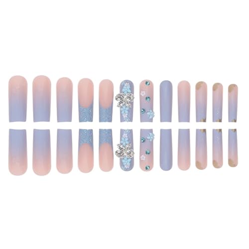 Press on Nails Long Square Fake Nails with 3D Butterfly Rhinestones & Flower Charms Designs Glitter French Tip Nails Press ons Glossy Glue on Nails Blue Gradient Stick on Nails for Women 24Pcs