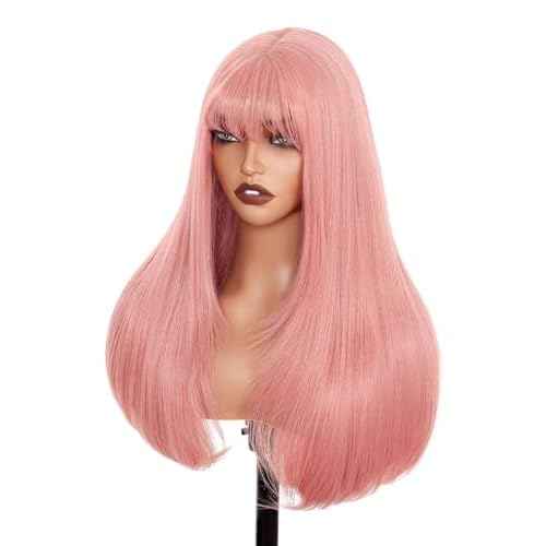 Pink Glueless Lace Front Wig For Women | 26 Inch Long Straight Layered Synthetic Wig With Curtain Bangs | Heat Resistant, Wear & Go, No Glue Needed | Cosplay & Daily Use