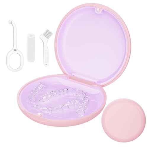 Retainer Case, Slim Aligner Cases for Invisalign, Mouthguard Case with Removal Tools& Aligners Chewies& Brush, Removable Inner Tray Silicone for Easy Cleaning (Pink)