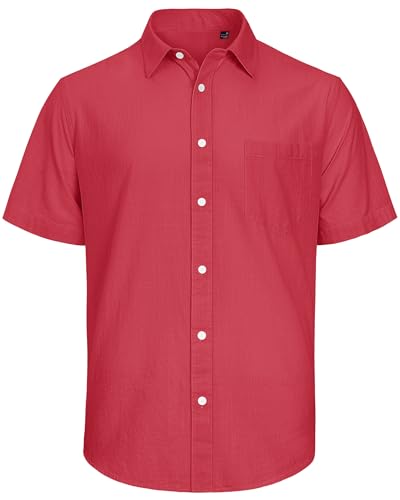 J.VER Men's Lightweight Linen Short Sleeve Shirts Casual Button Down Shirt Family Vacation Shirt with Pocket Red Medium