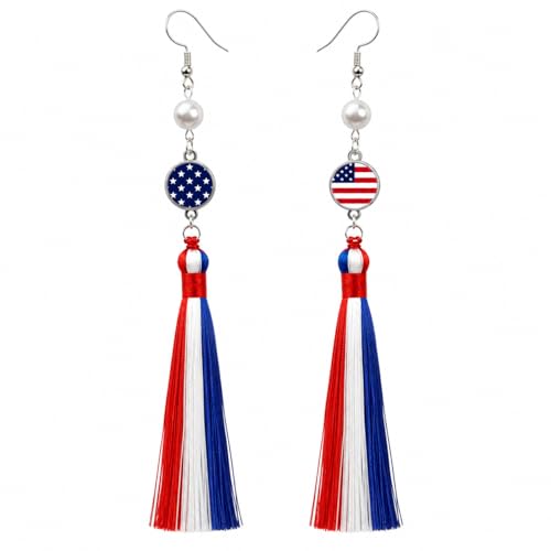 5.7 inch Tassel Patriotic Earrings - Handmade 925 Silver Plated Jewelry