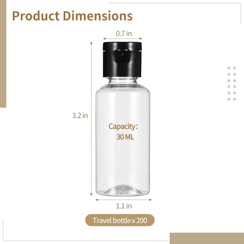 Lnrueg 200 PCS 1OZ Travel Bottles with Flip Cap - 30 ml Clear Plastic Travel Size Containers, Portable Leak Proof Squeeze Bottles Refillable Empty Cosmetic Containers for Liquid Shampoo Lotion, Black