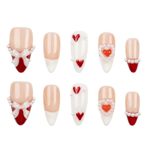 3H Luxury Handmade Press On Nails Candy Crush (Red, Small), Short Almond Artificial Nails with 3D Pearls, White Bows & Red Hearts, Reusable