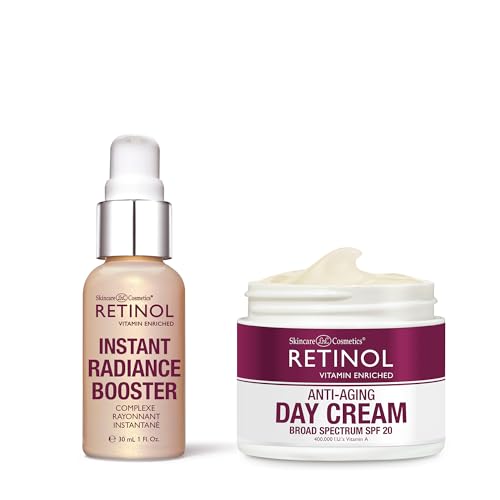 Retinol Instant Radiance Booster - Provides A Burst of Anti-Aging Hydration and Luminosity + Retinol Anti-Aging Day Cream Broad Spectrum SPF 20 Moisturizes & Reduces Look of Fine Lines.