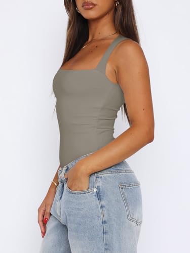 REORIA Womens Summer Sexy Sleeveless Square Neck Double Lined Going Out Cute Thong Bodysuit Tank Tops Grey Green Small