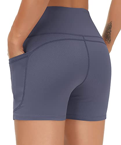 THE GYM PEOPLE High Waist Yoga Shorts for Women Tummy Control Fitness Athletic Workout Running Shorts with Deep Pockets (Small, Ink Blue)