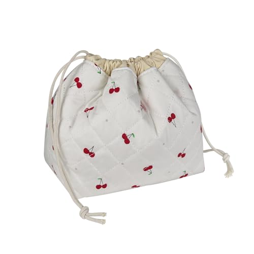 Large Makeup Bag, Cute Drawstring Cosmetic Bag with Canvas Lining, Floral Coquette Aesthetic Toiletry Bag, Travel Make Up Organizer Bag for Women and Girl (Red Cherry)