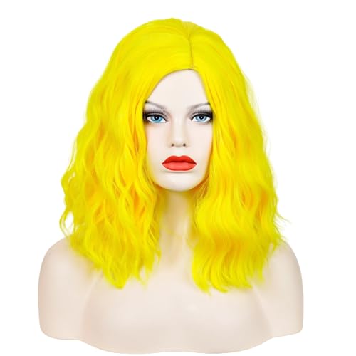 Yellow Short Bob Wig for Women - Heat-Resistant Curly/Casual Anime Cosplay Wig