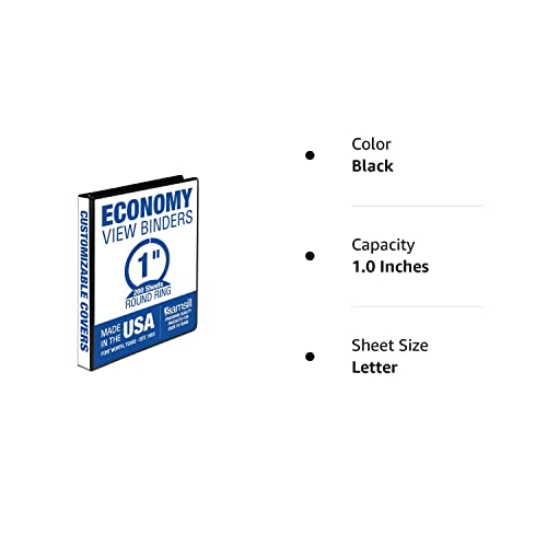 Samsill Economy 1 Inch 3 Ring Binder, Made in The USA, Round Ring Binder, Customizable Clear View Cover, Black, (18530)