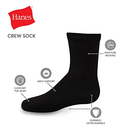 Hanes Small-Shoe Size: 4.5-8.5 Boys, Double Tough Cushioned Crew Socks, 12-Pair Packs, Black