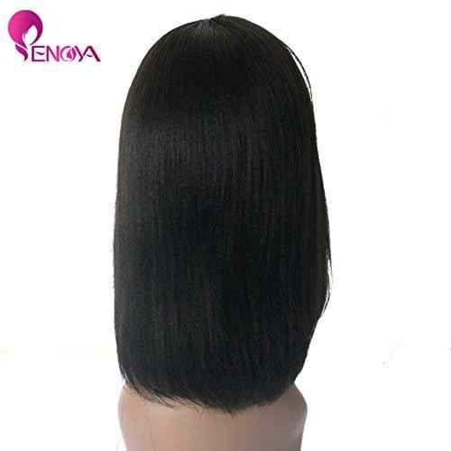 Enoya Bob Wig Human Hair Wear and Go Glueless None Lace Front Wigs with Bangs, Light Yaki Straight Full Machine Made Wig 180% Density Short Bob Wigs for Black Women (10" Color #1)