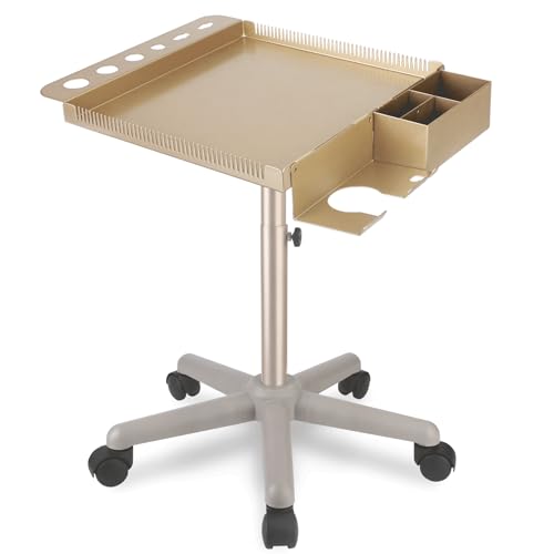 Champagne Gold Salon Cart with Wheels - Adjustable Height Styling Tray