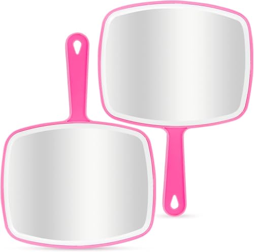 Pink 2Pcs Handheld Mirrors with Hanging Hole, 10.4" x 7.4" Portable Beauty